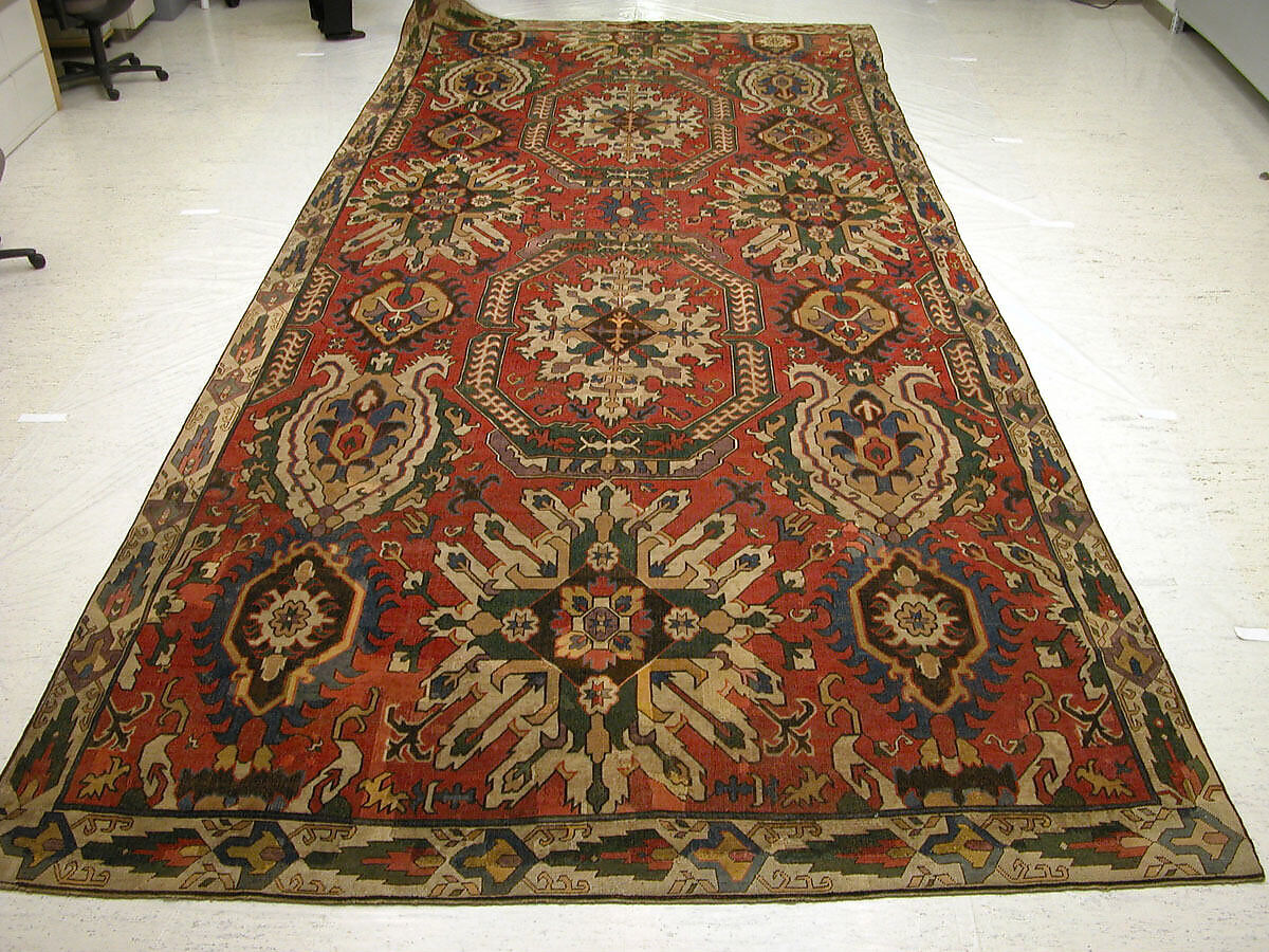 Carpet with Geometricized Floral Design, Wool (warp, weft, and pile); symmetrically knotted pile