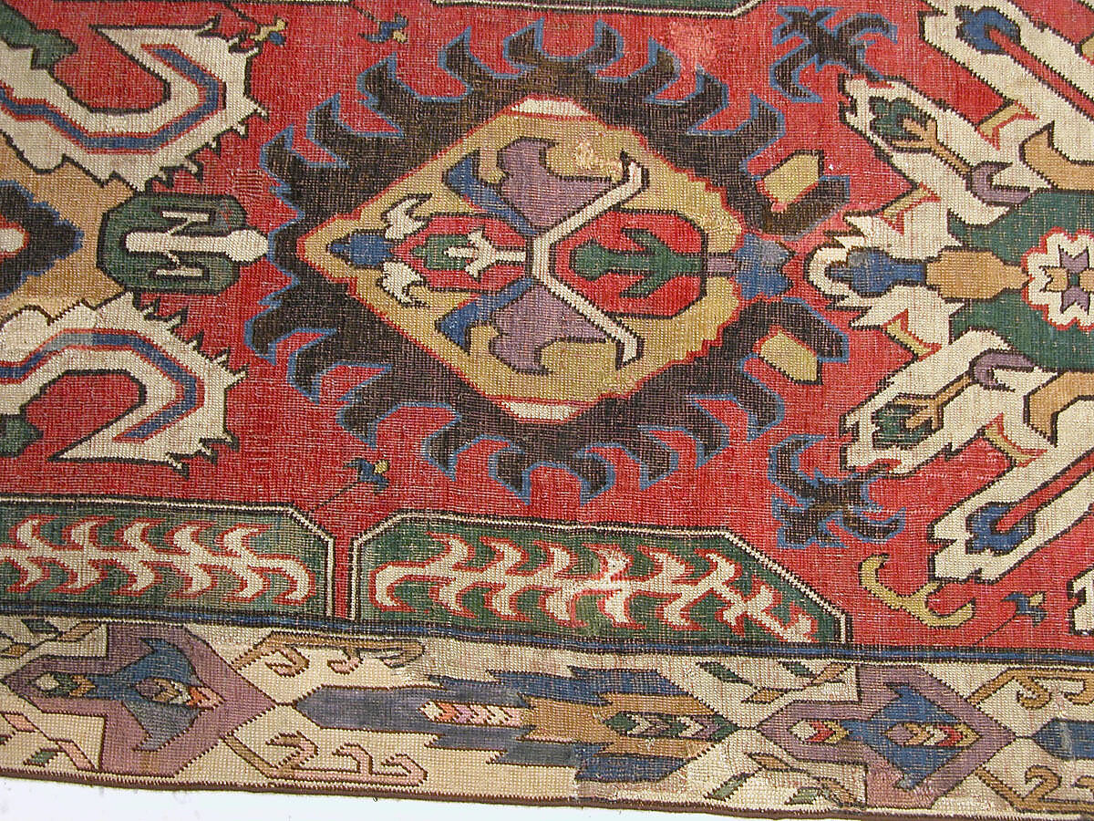 Carpet with Geometricized Floral Design, Wool (warp, weft, and pile); symmetrically knotted pile