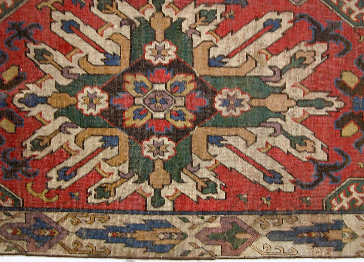 Carpet with Geometricized Floral Design, Wool (warp, weft, and pile); symmetrically knotted pile