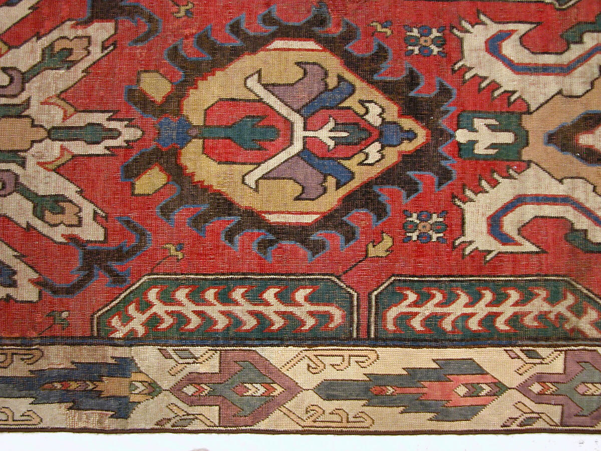 Carpet with Geometricized Floral Design, Wool (warp, weft, and pile); symmetrically knotted pile