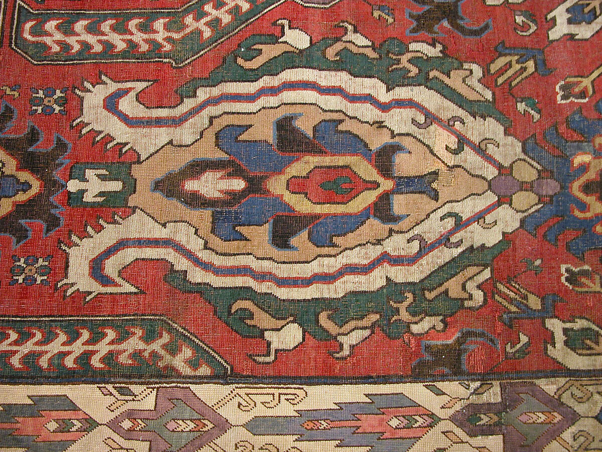 Carpet with Geometricized Floral Design, Wool (warp, weft, and pile); symmetrically knotted pile