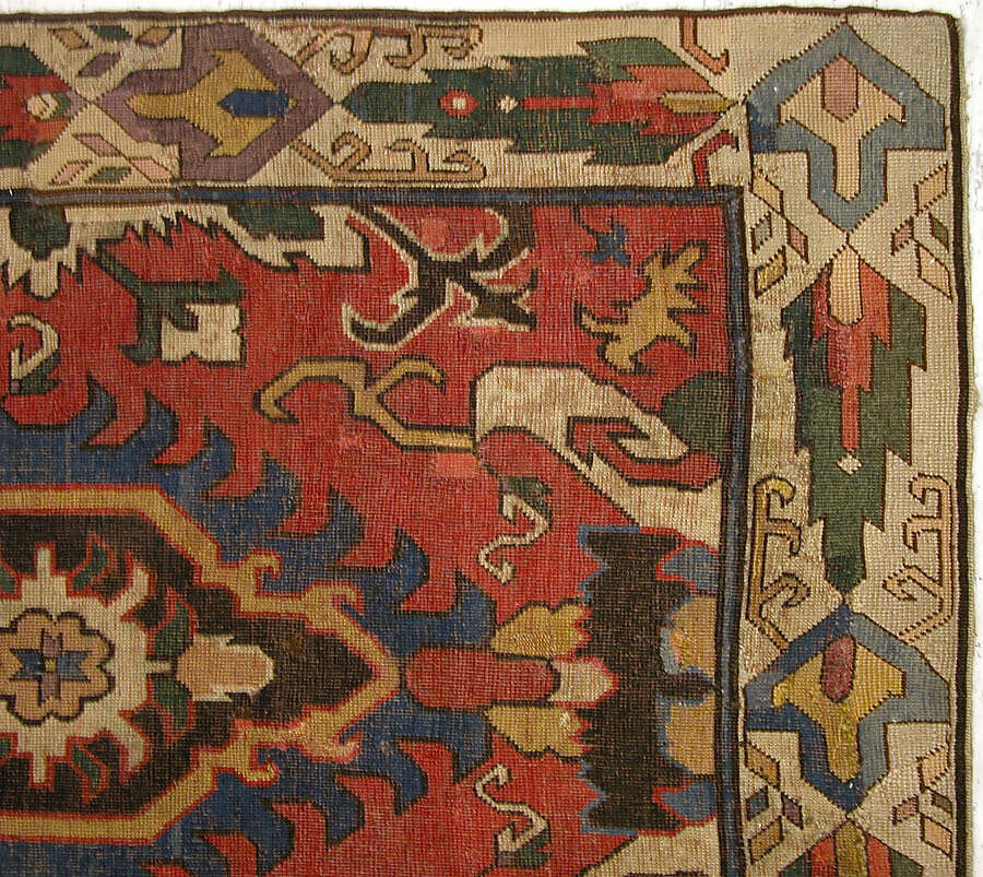 Carpet with Geometricized Floral Design, Wool (warp, weft, and pile); symmetrically knotted pile