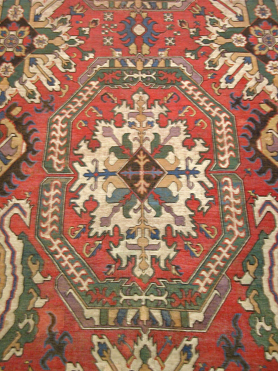 Carpet with Geometricized Floral Design, Wool (warp, weft, and pile); symmetrically knotted pile
