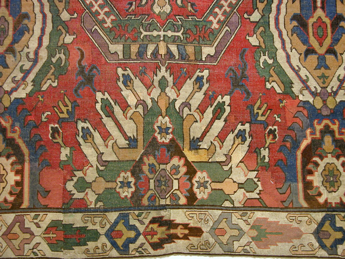 Carpet with Geometricized Floral Design, Wool (warp, weft, and pile); symmetrically knotted pile