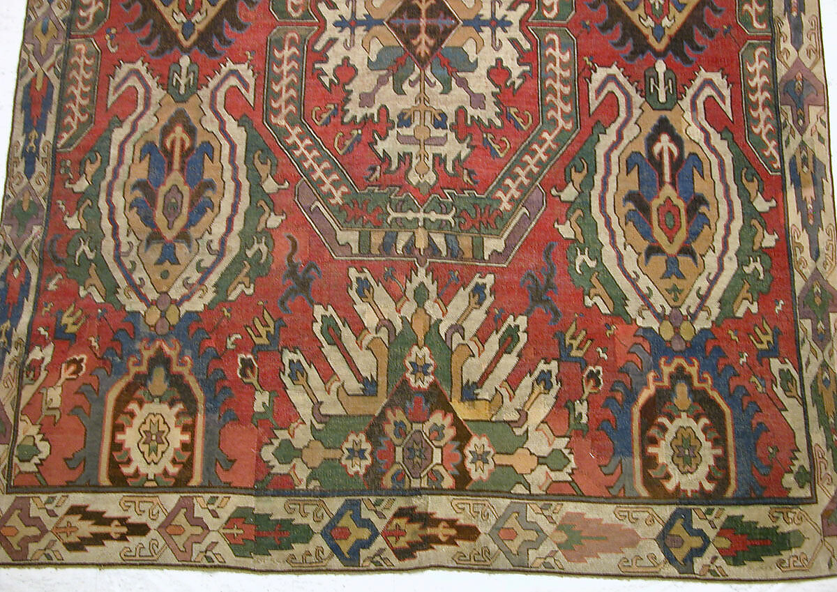 Carpet with Geometricized Floral Design, Wool (warp, weft, and pile); symmetrically knotted pile