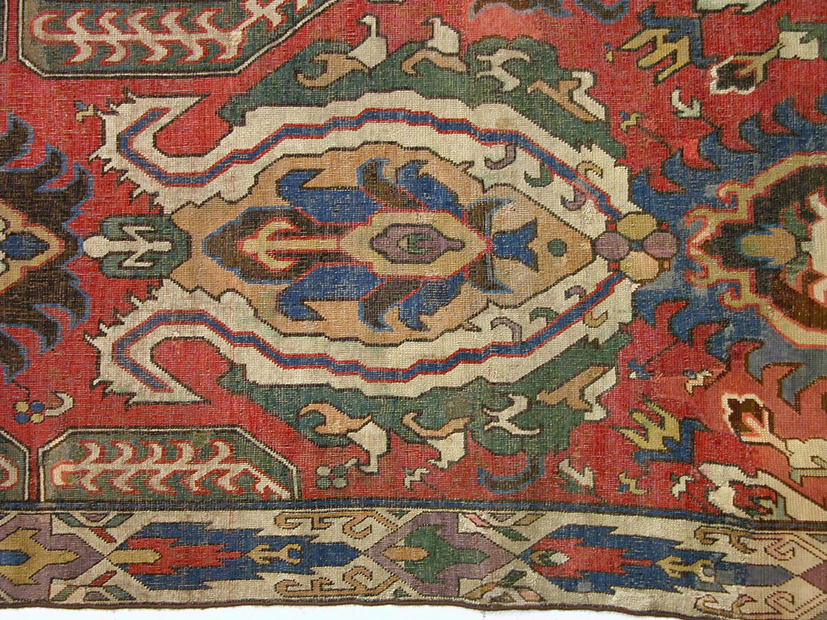 Carpet with Geometricized Floral Design, Wool (warp, weft, and pile); symmetrically knotted pile