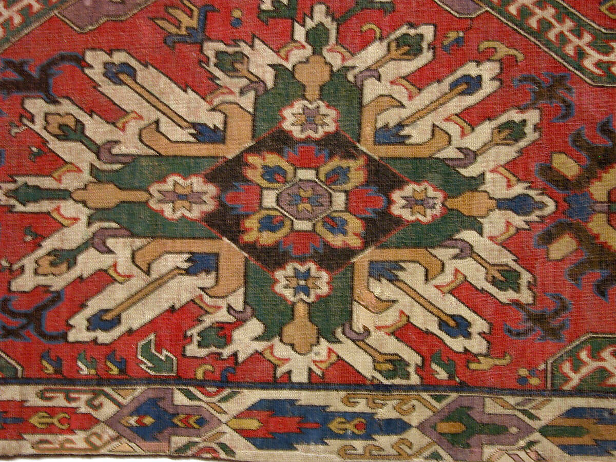 Carpet with Geometricized Floral Design, Wool (warp, weft, and pile); symmetrically knotted pile