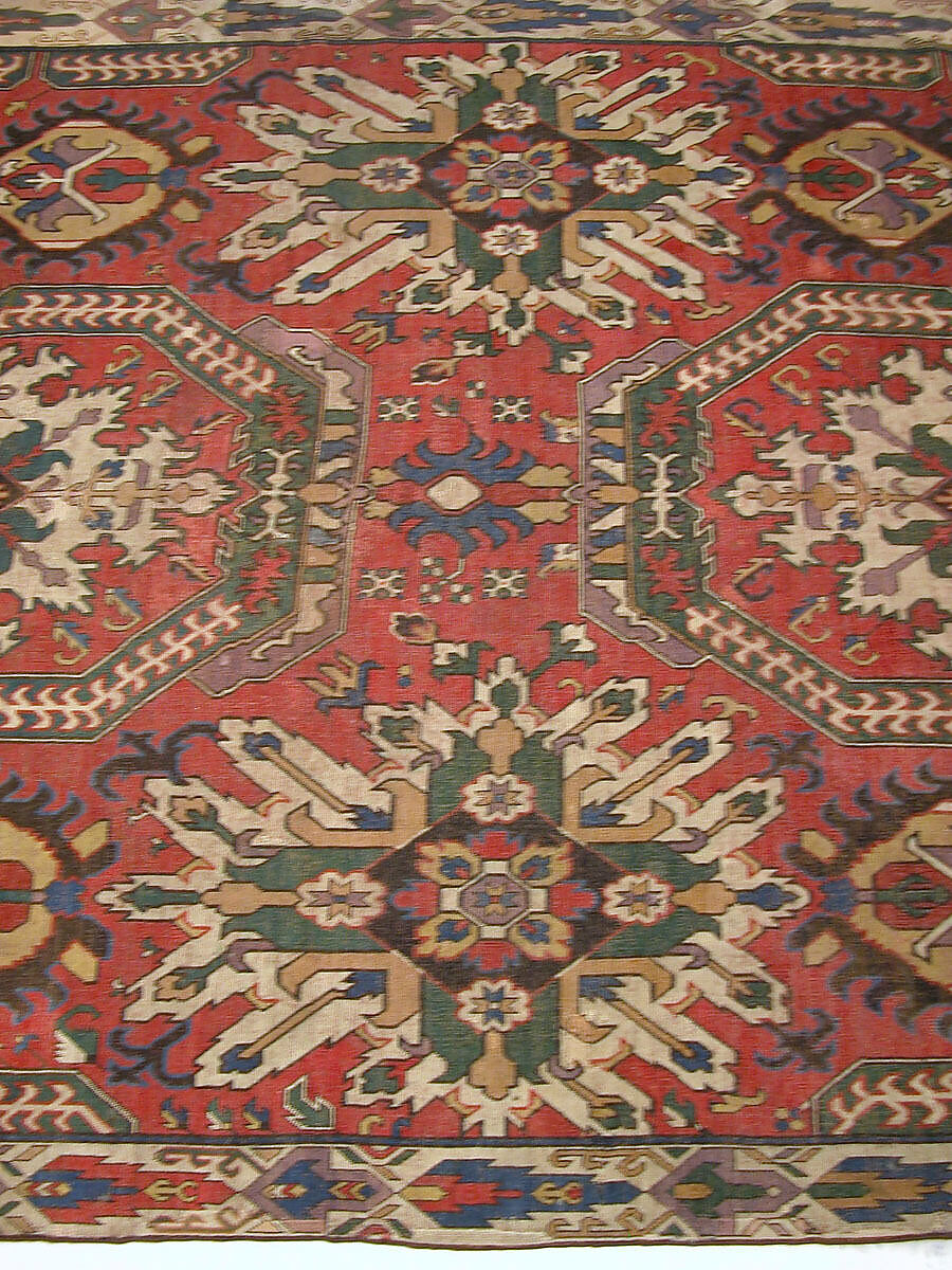 Carpet with Geometricized Floral Design, Wool (warp, weft, and pile); symmetrically knotted pile