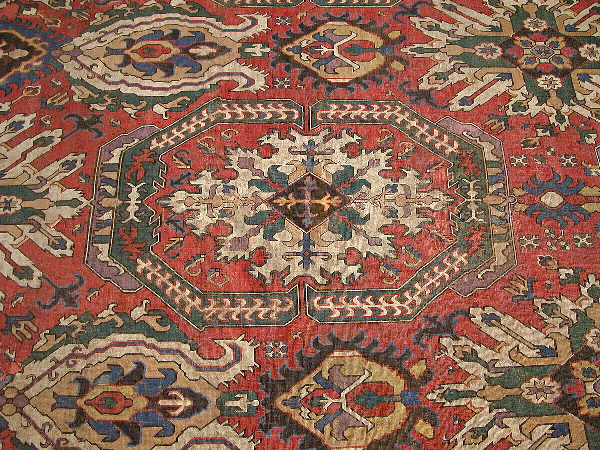 Carpet with Geometricized Floral Design, Wool (warp, weft, and pile); symmetrically knotted pile
