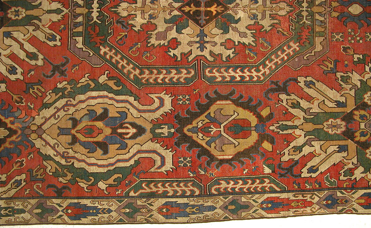Carpet with Geometricized Floral Design, Wool (warp, weft, and pile); symmetrically knotted pile