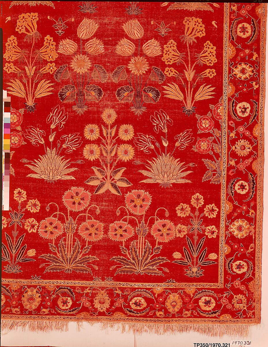 Carpet with Irises, Tulips, and Other Flowering Plants, Cotton (warp and weft); wool (pile); asymmetrically knotted pile