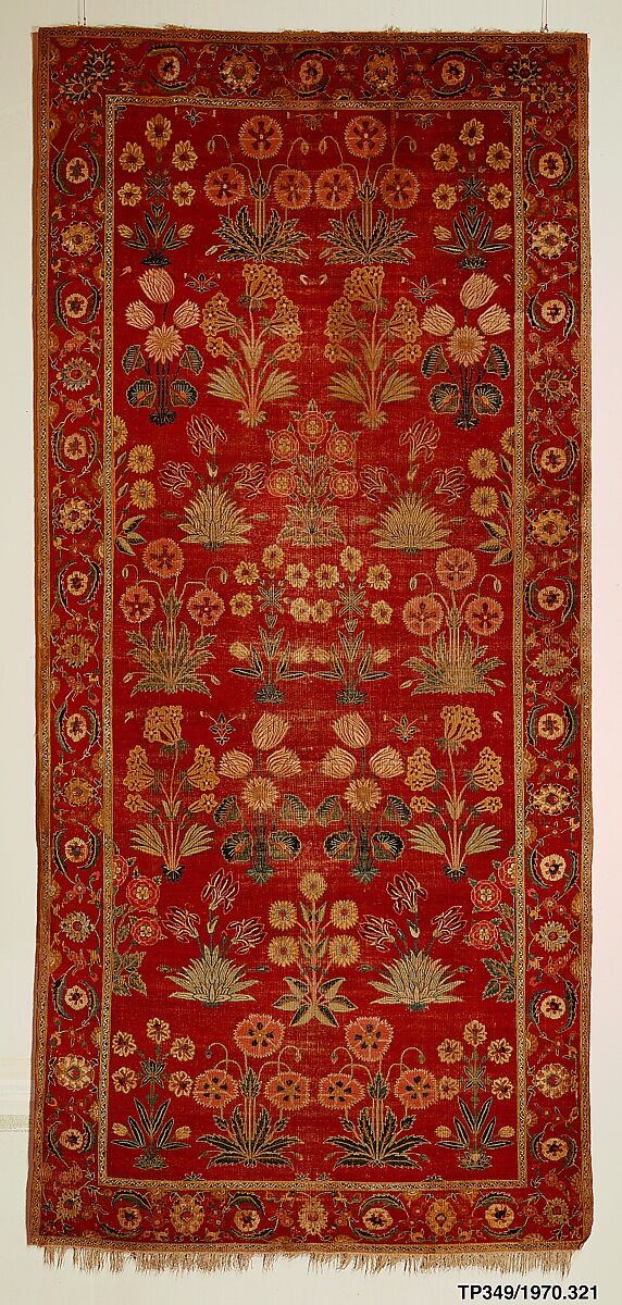 Carpet with Irises, Tulips, and Other Flowering Plants, Cotton (warp and weft); wool (pile); asymmetrically knotted pile