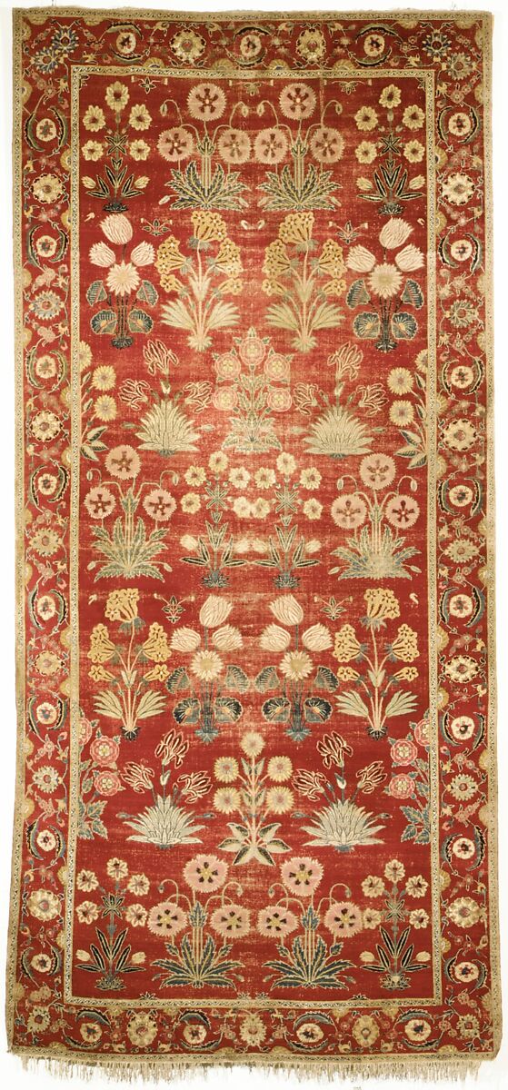 Carpet with Irises, Tulips, and Other Flowering Plants, Cotton (warp and weft); wool (pile); asymmetrically knotted pile