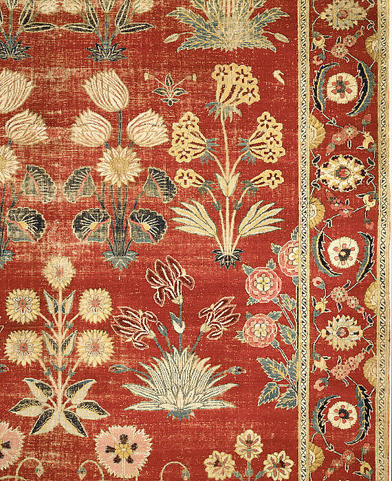 Carpet with Irises, Tulips, and Other Flowering Plants, Cotton (warp and weft); wool (pile); asymmetrically knotted pile