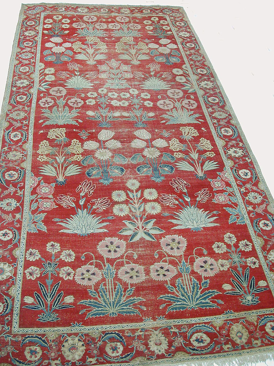 Carpet with Irises, Tulips, and Other Flowering Plants, Cotton (warp and weft); wool (pile); asymmetrically knotted pile