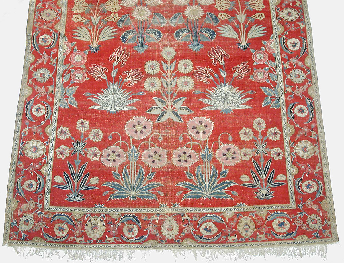 Carpet with Irises, Tulips, and Other Flowering Plants, Cotton (warp and weft); wool (pile); asymmetrically knotted pile