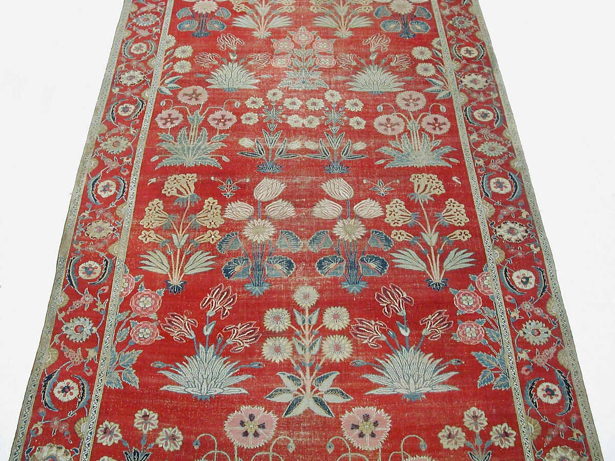 Carpet with Irises, Tulips, and Other Flowering Plants, Cotton (warp and weft); wool (pile); asymmetrically knotted pile