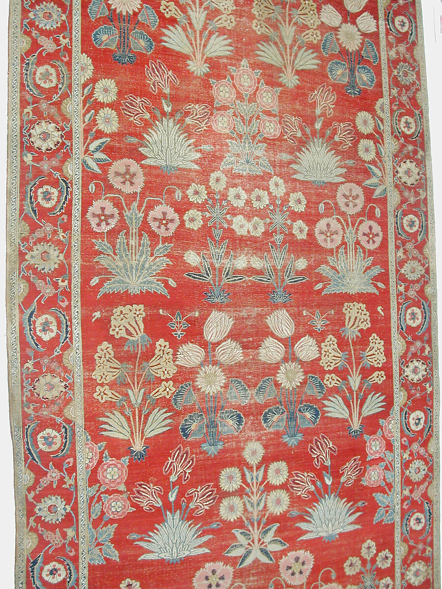 Carpet with Irises, Tulips, and Other Flowering Plants, Cotton (warp and weft); wool (pile); asymmetrically knotted pile