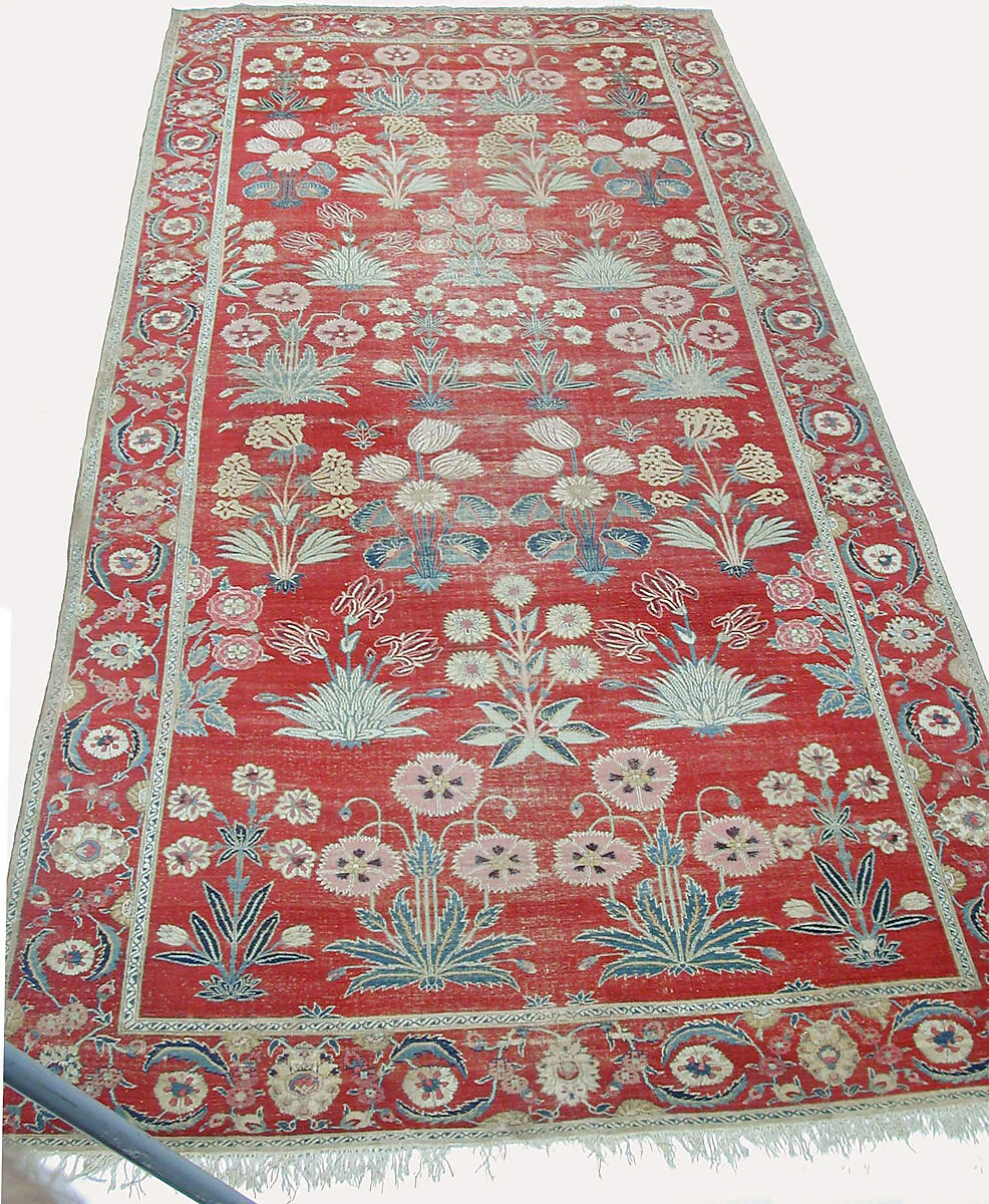 Carpet with Irises, Tulips, and Other Flowering Plants, Cotton (warp and weft); wool (pile); asymmetrically knotted pile