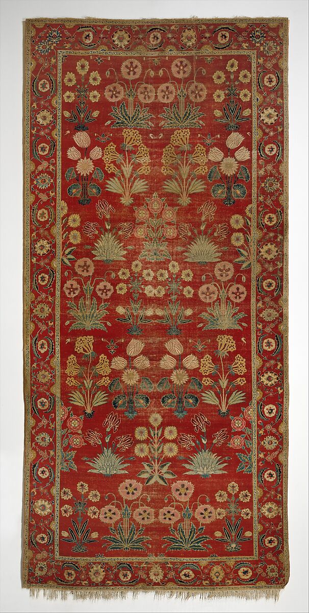 Carpet with Irises, Tulips, and Other Flowering Plants, Cotton (warp and weft); wool (pile); asymmetrically knotted pile