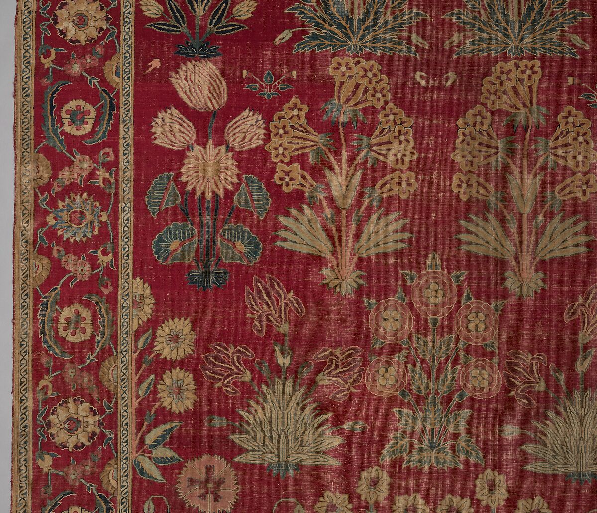 Carpet with Irises, Tulips, and Other Flowering Plants, Cotton (warp and weft); wool (pile); asymmetrically knotted pile
