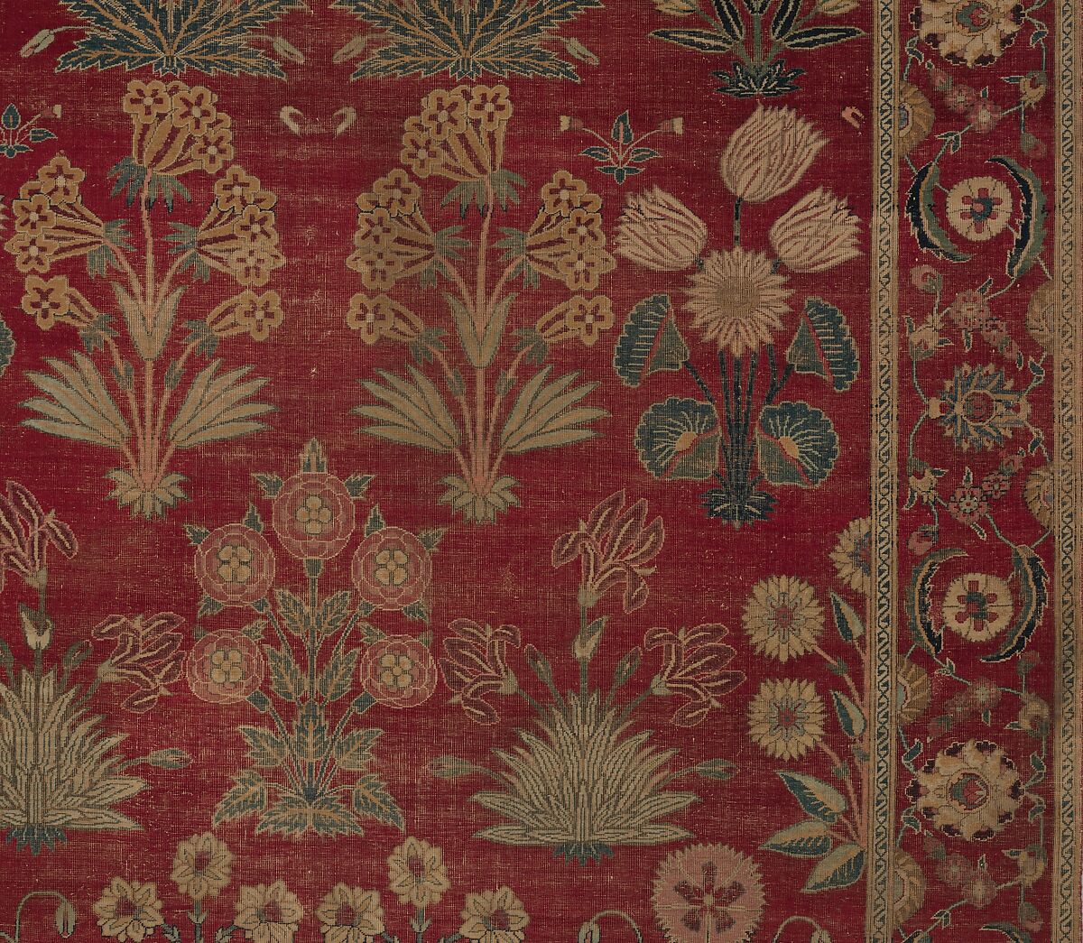 Carpet with Irises, Tulips, and Other Flowering Plants, Cotton (warp and weft); wool (pile); asymmetrically knotted pile