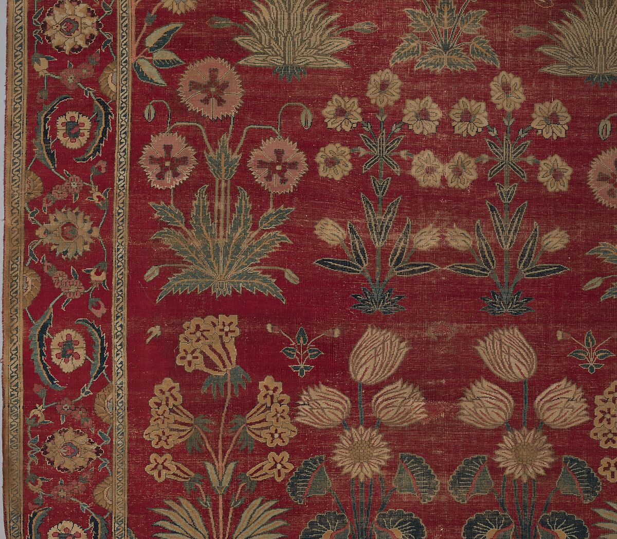 Carpet with Irises, Tulips, and Other Flowering Plants, Cotton (warp and weft); wool (pile); asymmetrically knotted pile