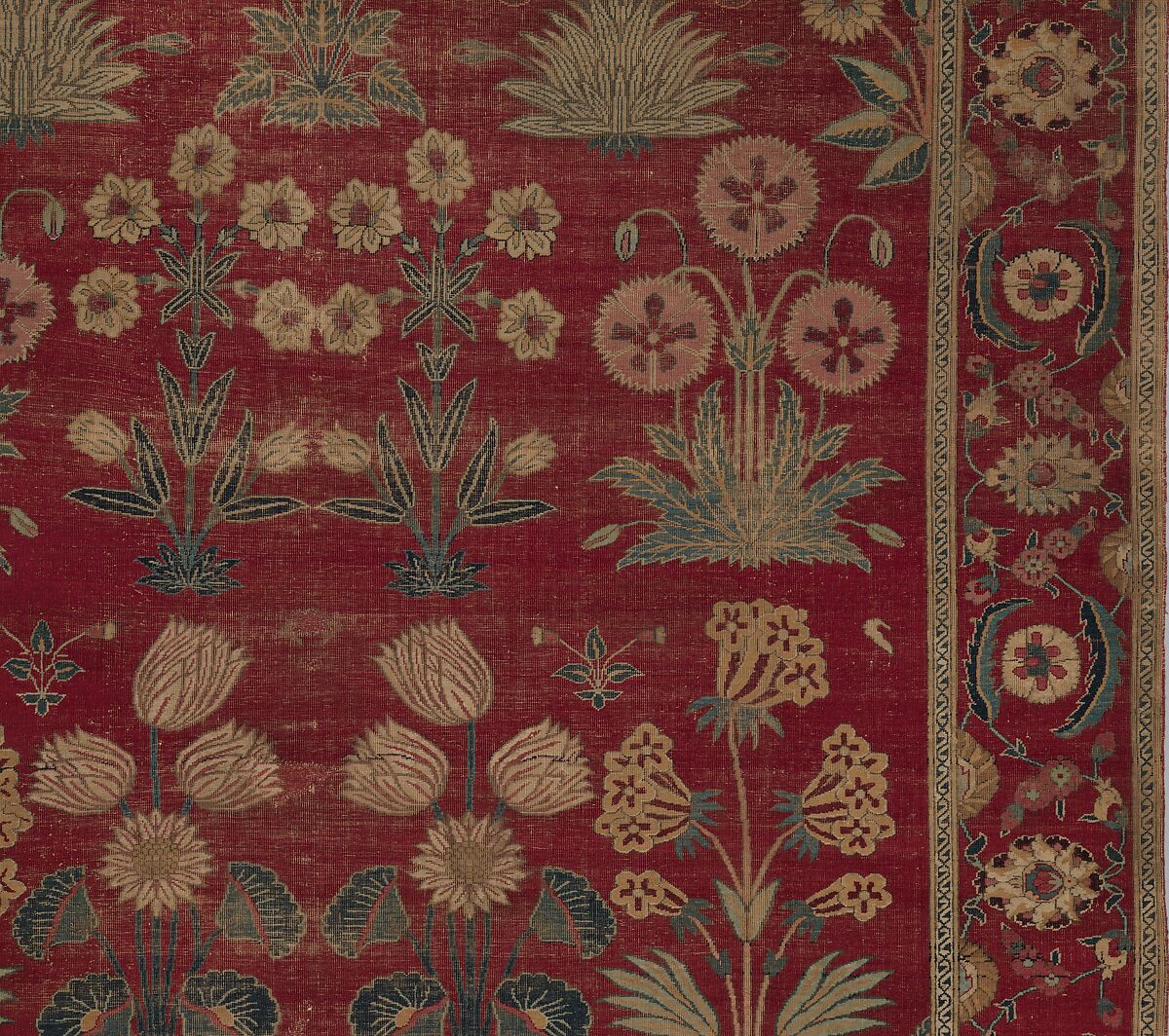 Carpet with Irises, Tulips, and Other Flowering Plants, Cotton (warp and weft); wool (pile); asymmetrically knotted pile