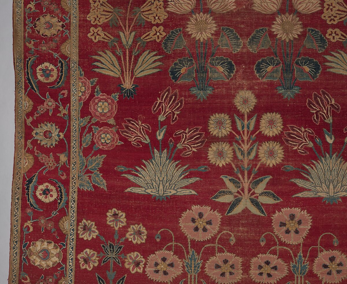 Carpet with Irises, Tulips, and Other Flowering Plants, Cotton (warp and weft); wool (pile); asymmetrically knotted pile