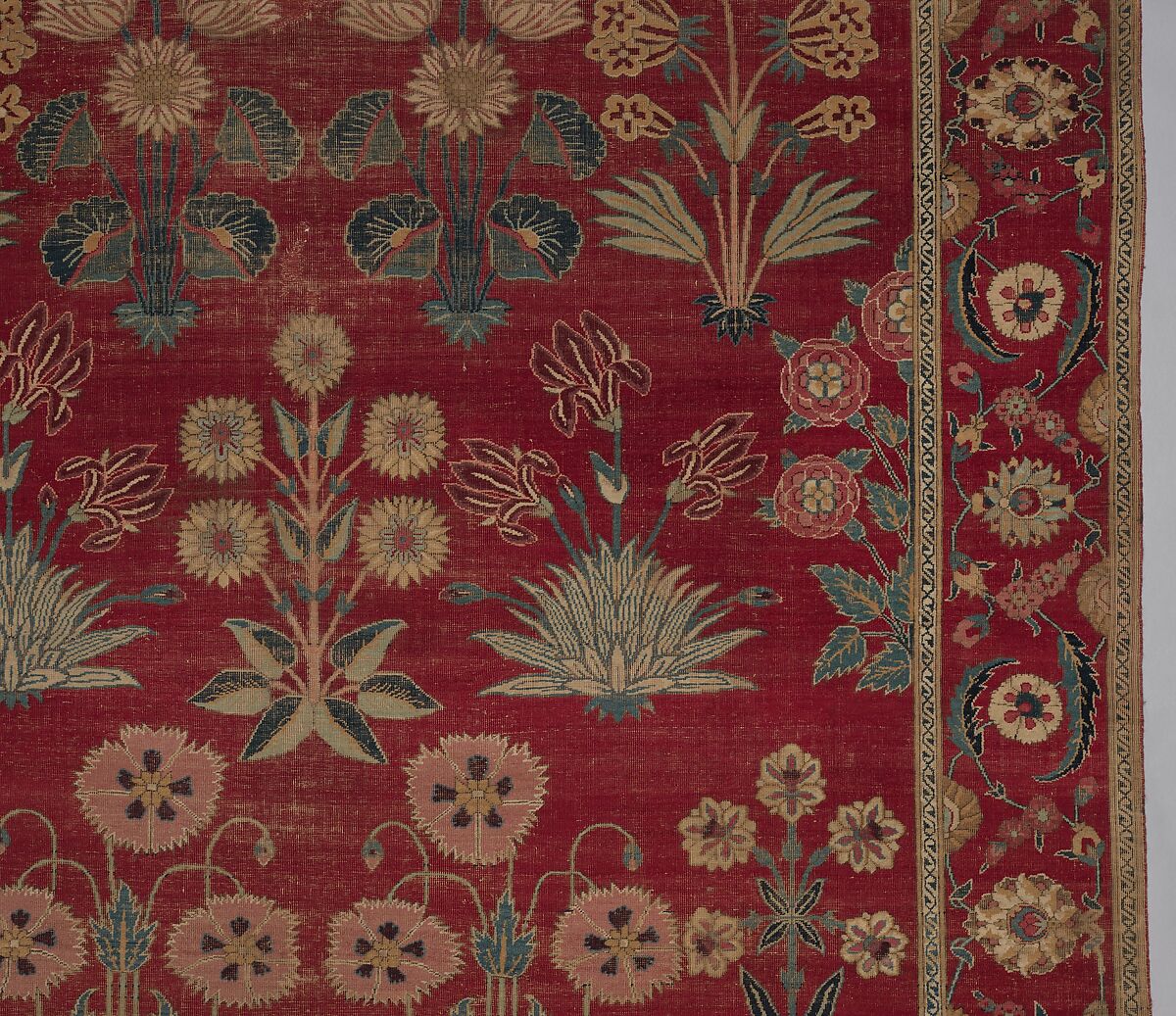 Carpet with Irises, Tulips, and Other Flowering Plants, Cotton (warp and weft); wool (pile); asymmetrically knotted pile
