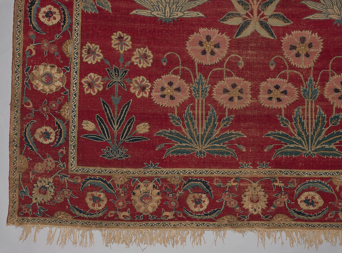Carpet with Irises, Tulips, and Other Flowering Plants, Cotton (warp and weft); wool (pile); asymmetrically knotted pile