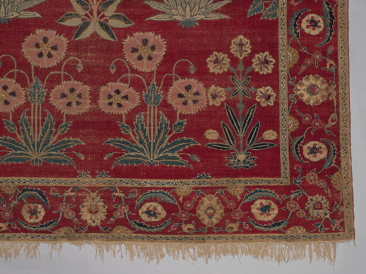 Carpet with Irises, Tulips, and Other Flowering Plants, Cotton (warp and weft); wool (pile); asymmetrically knotted pile