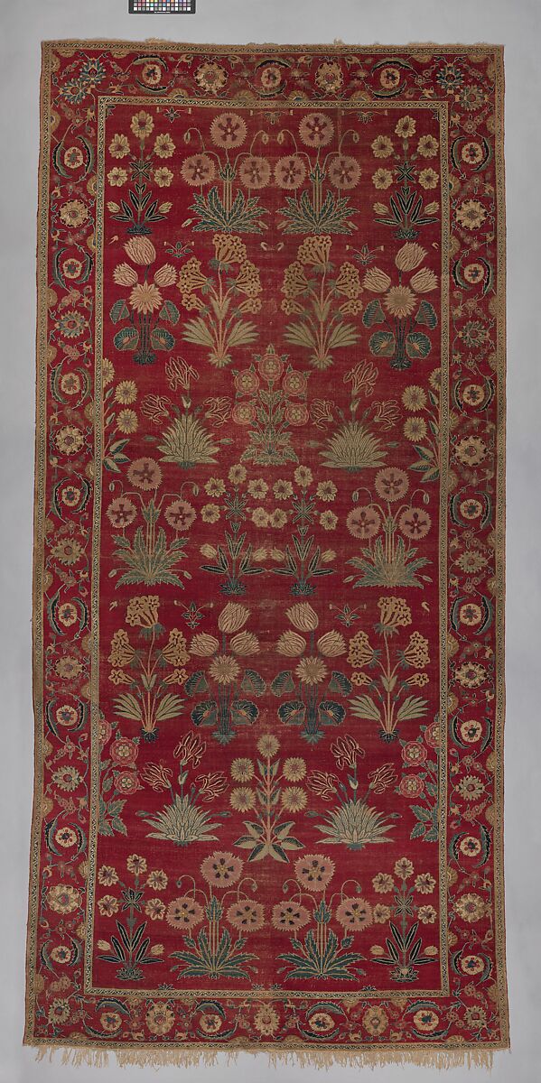 Carpet with Irises, Tulips, and Other Flowering Plants, Cotton (warp and weft); wool (pile); asymmetrically knotted pile 