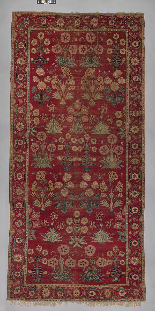 Carpet with Irises, Tulips, and Other Flowering Plants, Cotton (warp and weft); wool (pile); asymmetrically knotted pile