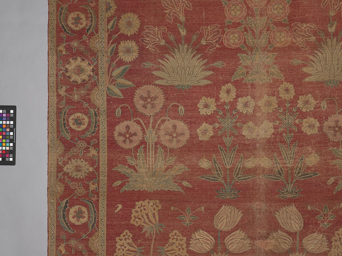 Carpet with Irises, Tulips, and Other Flowering Plants, Cotton (warp and weft); wool (pile); asymmetrically knotted pile