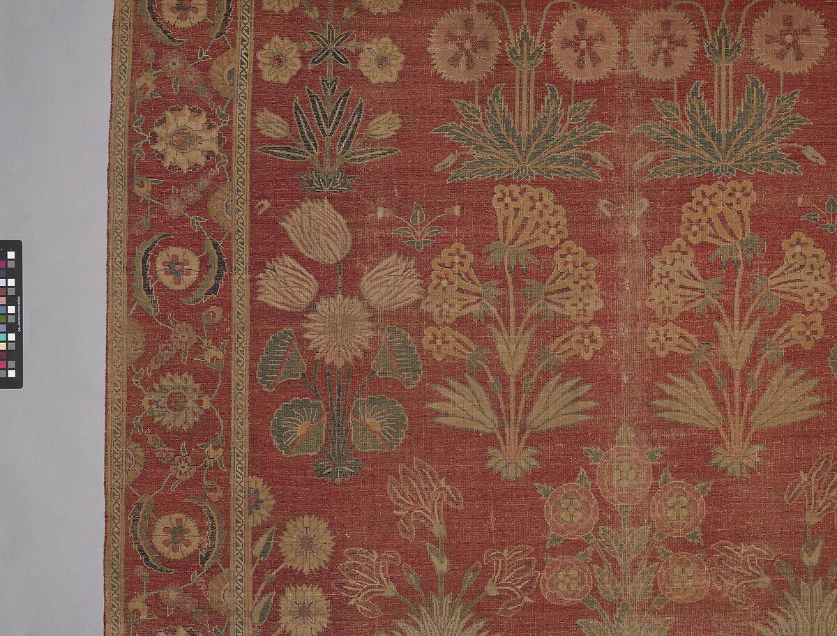 Carpet with Irises, Tulips, and Other Flowering Plants, Cotton (warp and weft); wool (pile); asymmetrically knotted pile