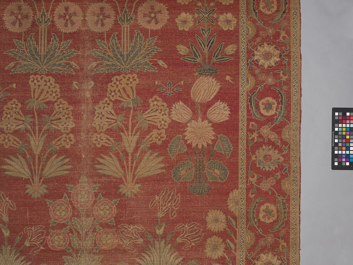 Carpet with Irises, Tulips, and Other Flowering Plants, Cotton (warp and weft); wool (pile); asymmetrically knotted pile