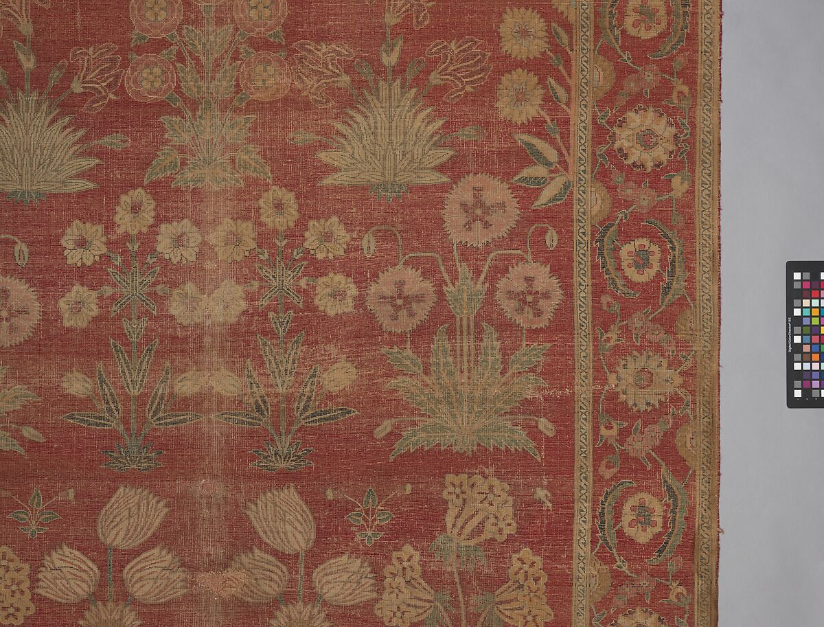 Carpet with Irises, Tulips, and Other Flowering Plants, Cotton (warp and weft); wool (pile); asymmetrically knotted pile