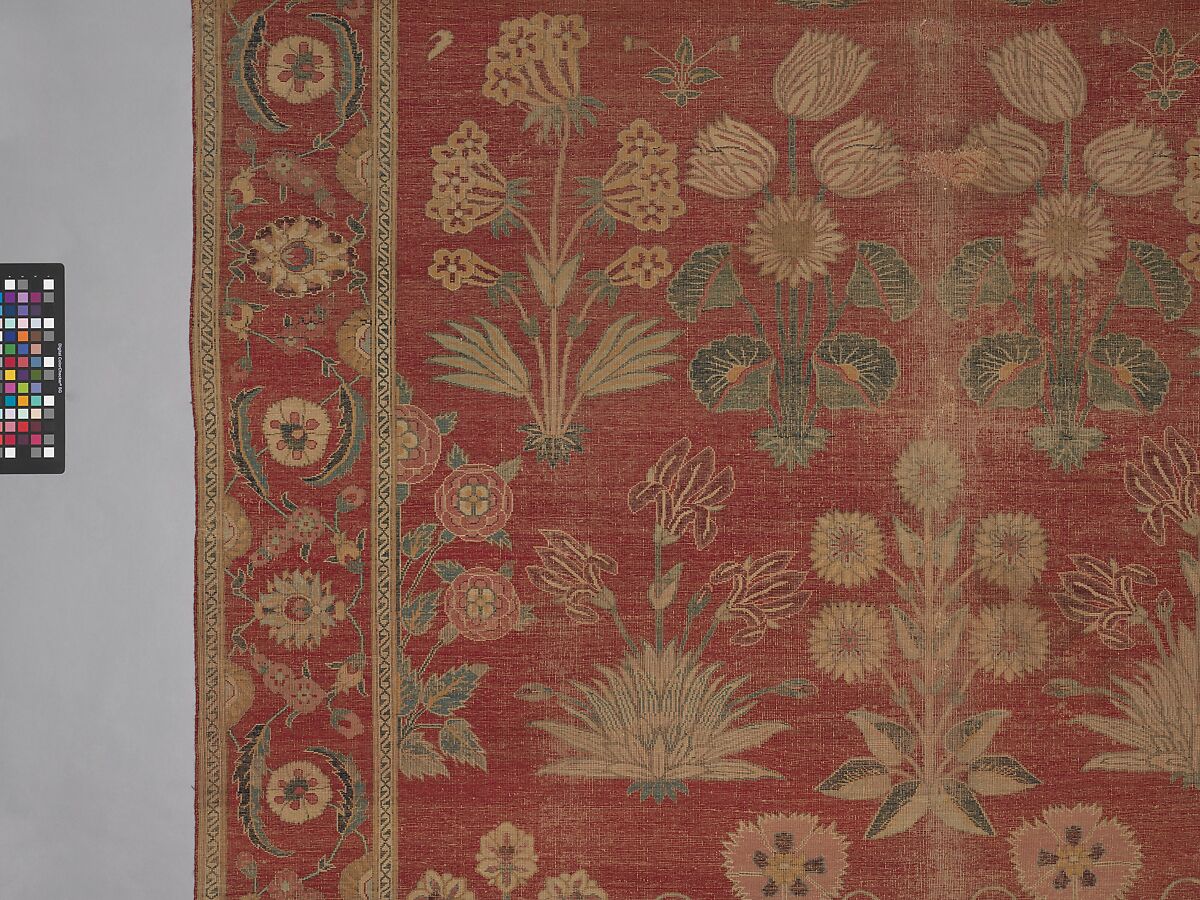 Carpet with Irises, Tulips, and Other Flowering Plants, Cotton (warp and weft); wool (pile); asymmetrically knotted pile