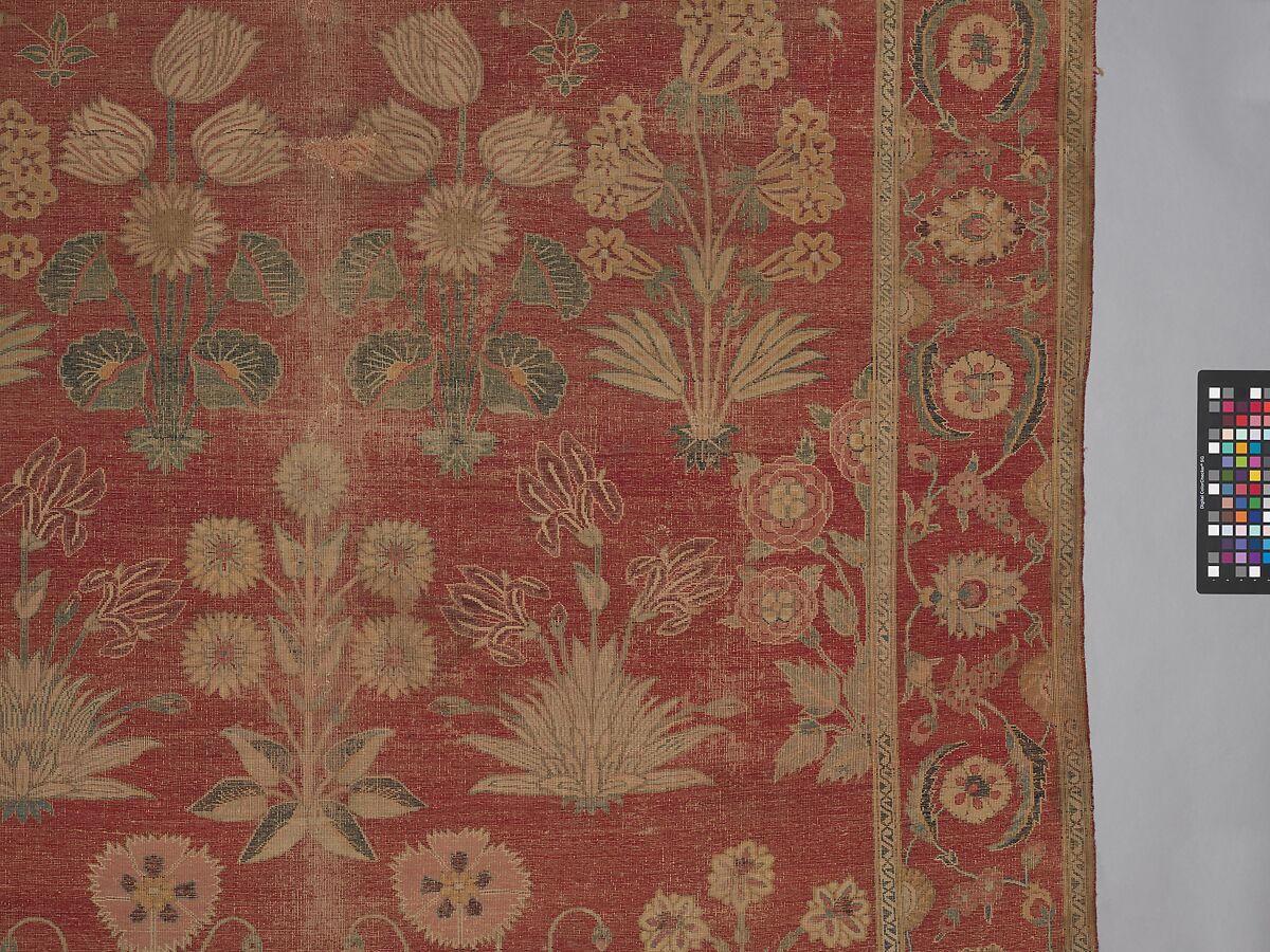 Carpet with Irises, Tulips, and Other Flowering Plants, Cotton (warp and weft); wool (pile); asymmetrically knotted pile