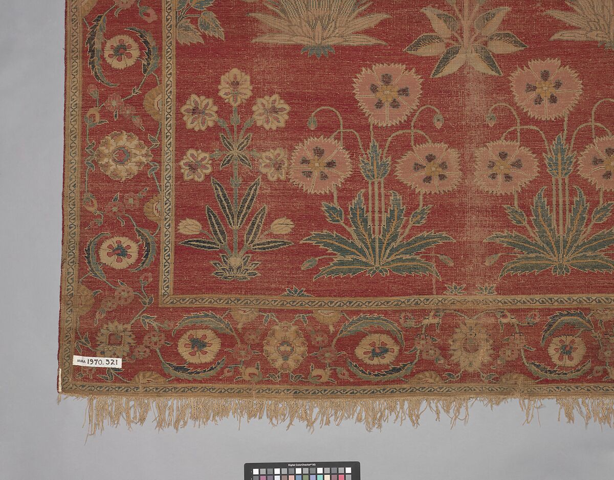 Carpet with Irises, Tulips, and Other Flowering Plants, Cotton (warp and weft); wool (pile); asymmetrically knotted pile