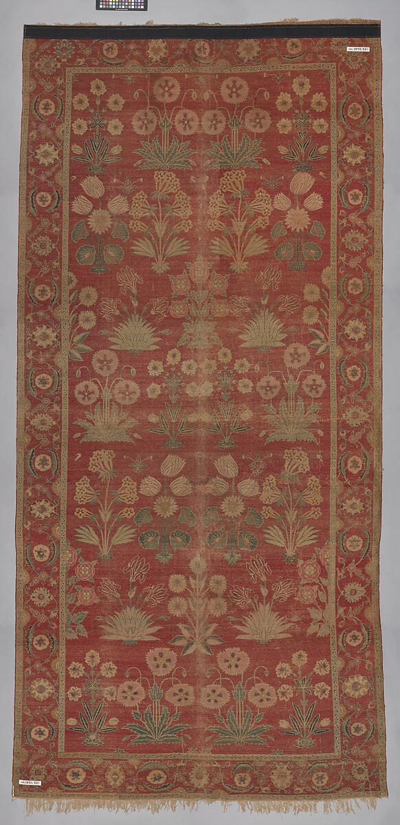 Carpet with Irises, Tulips, and Other Flowering Plants, Cotton (warp and weft); wool (pile); asymmetrically knotted pile