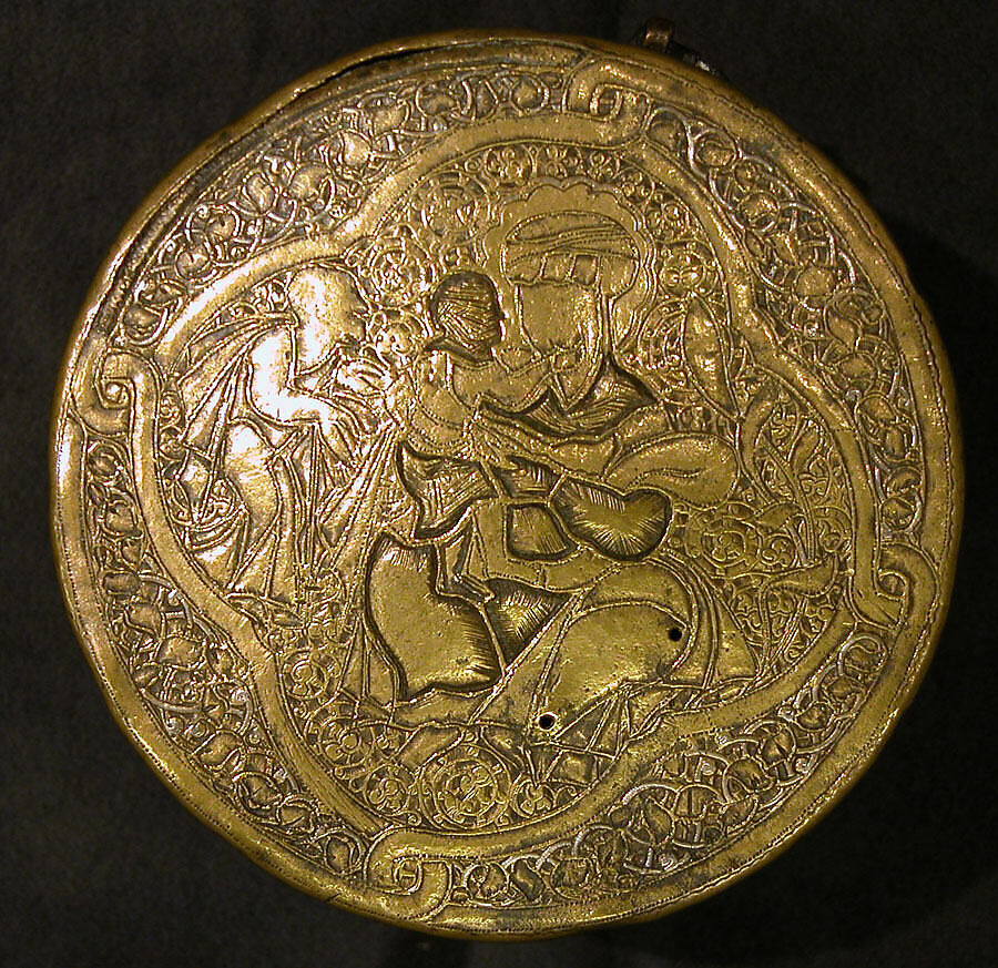 Pyxis Depicting Standing Saints or Ecclesiastics and the Entry into Jerusalem with Christ Riding a Donkey, Brass; hammered, engraved, inlaid with silver