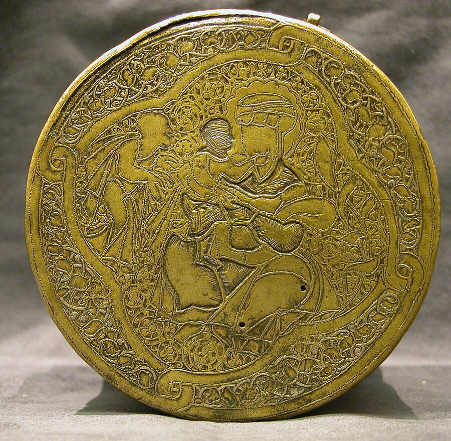 Pyxis Depicting Standing Saints or Ecclesiastics and the Entry into Jerusalem with Christ Riding a Donkey, Brass; hammered, engraved, inlaid with silver