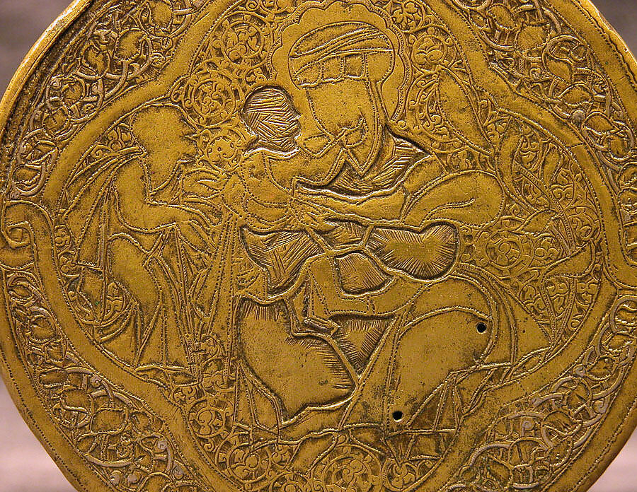 Pyxis Depicting Standing Saints or Ecclesiastics and the Entry into Jerusalem with Christ Riding a Donkey, Brass; hammered, engraved, inlaid with silver