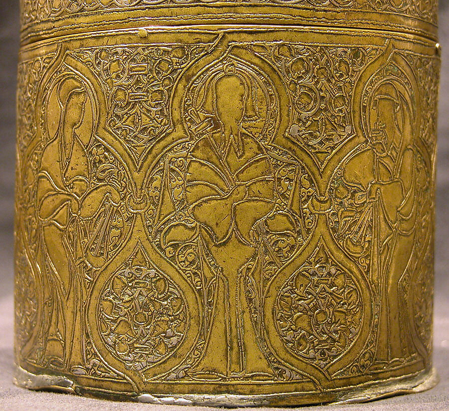 Pyxis Depicting Standing Saints or Ecclesiastics and the Entry into Jerusalem with Christ Riding a Donkey, Brass; hammered, engraved, inlaid with silver