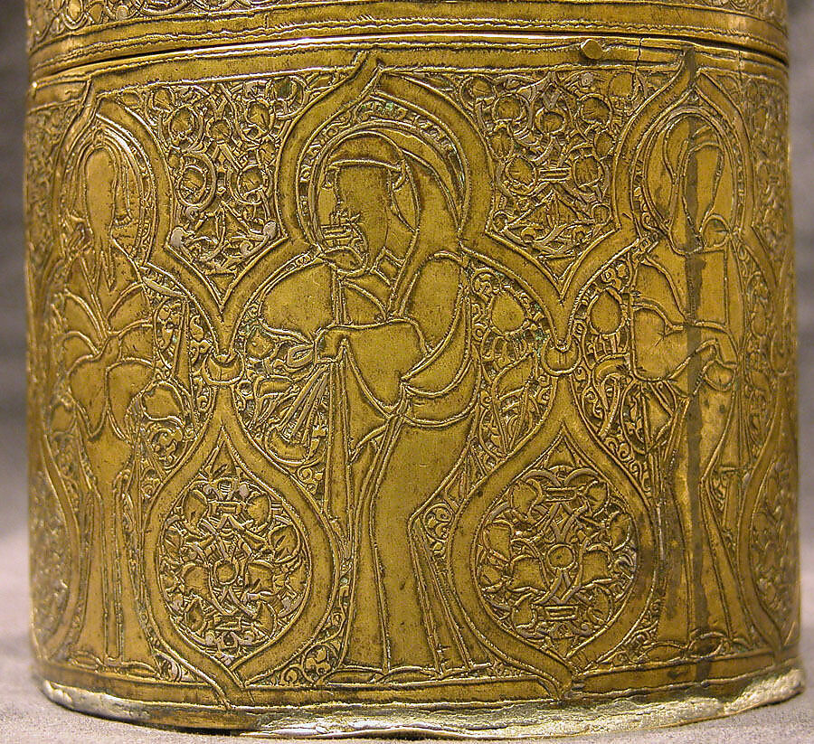 Pyxis Depicting Standing Saints or Ecclesiastics and the Entry into Jerusalem with Christ Riding a Donkey, Brass; hammered, engraved, inlaid with silver
