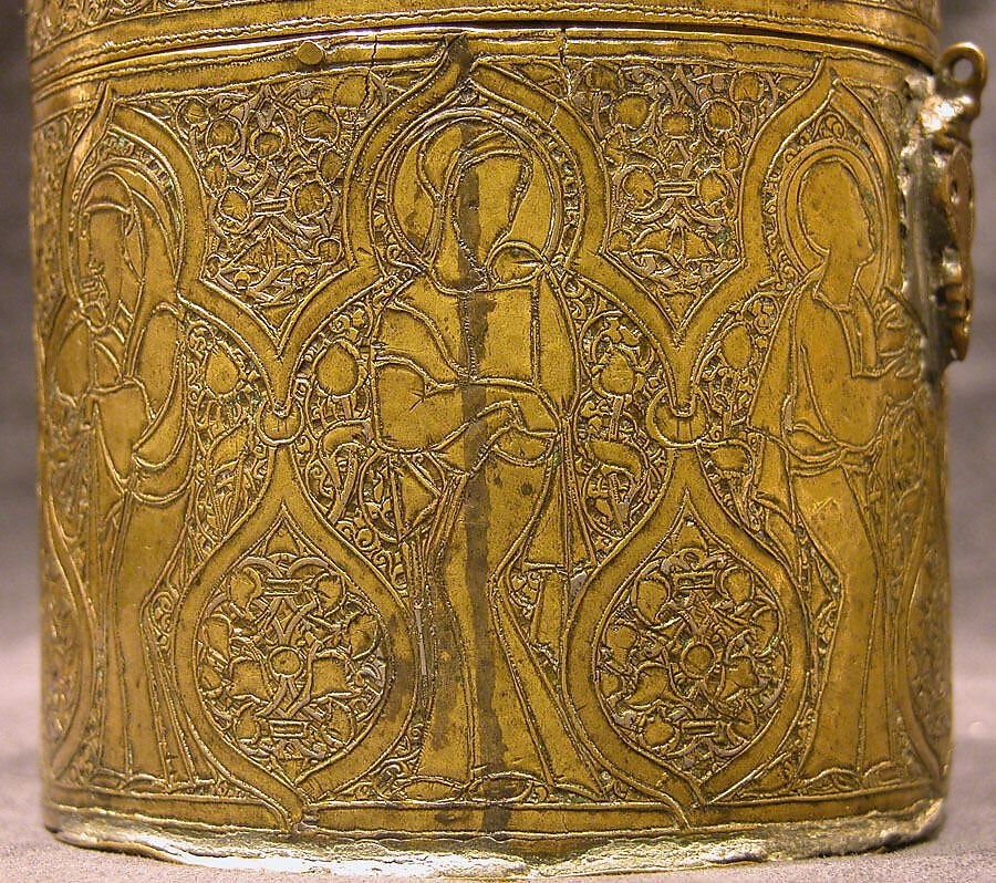 Pyxis Depicting Standing Saints or Ecclesiastics and the Entry into Jerusalem with Christ Riding a Donkey, Brass; hammered, engraved, inlaid with silver