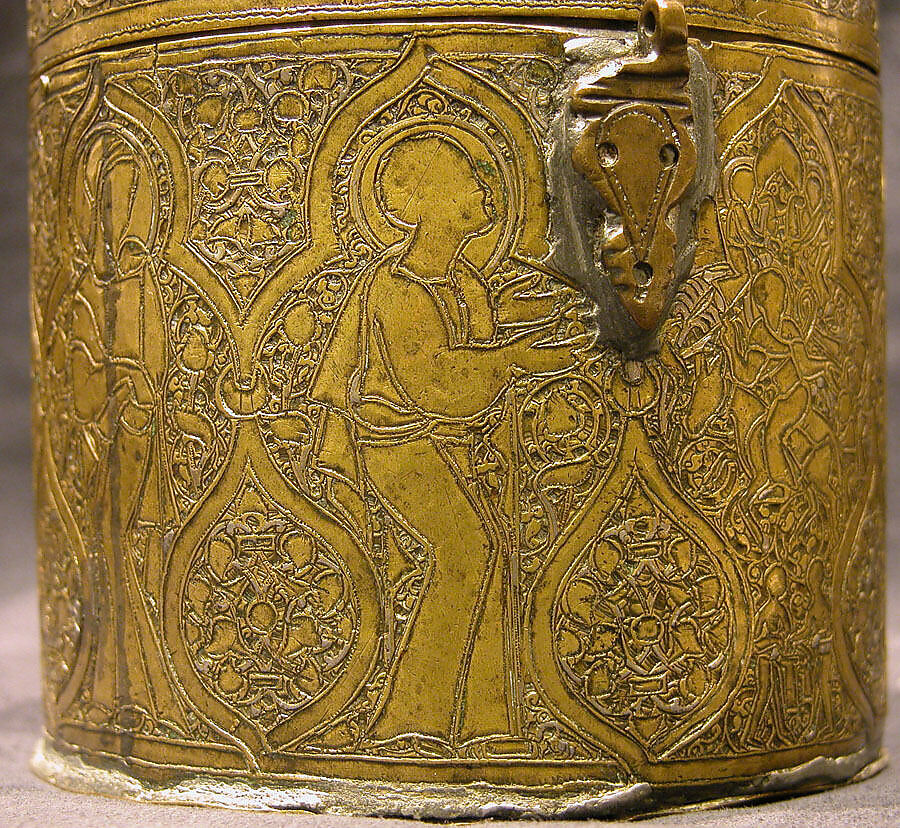 Pyxis Depicting Standing Saints or Ecclesiastics and the Entry into Jerusalem with Christ Riding a Donkey, Brass; hammered, engraved, inlaid with silver