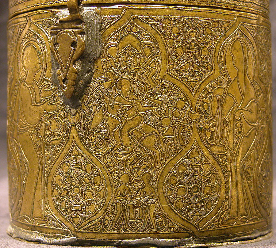 Pyxis Depicting Standing Saints or Ecclesiastics and the Entry into Jerusalem with Christ Riding a Donkey, Brass; hammered, engraved, inlaid with silver